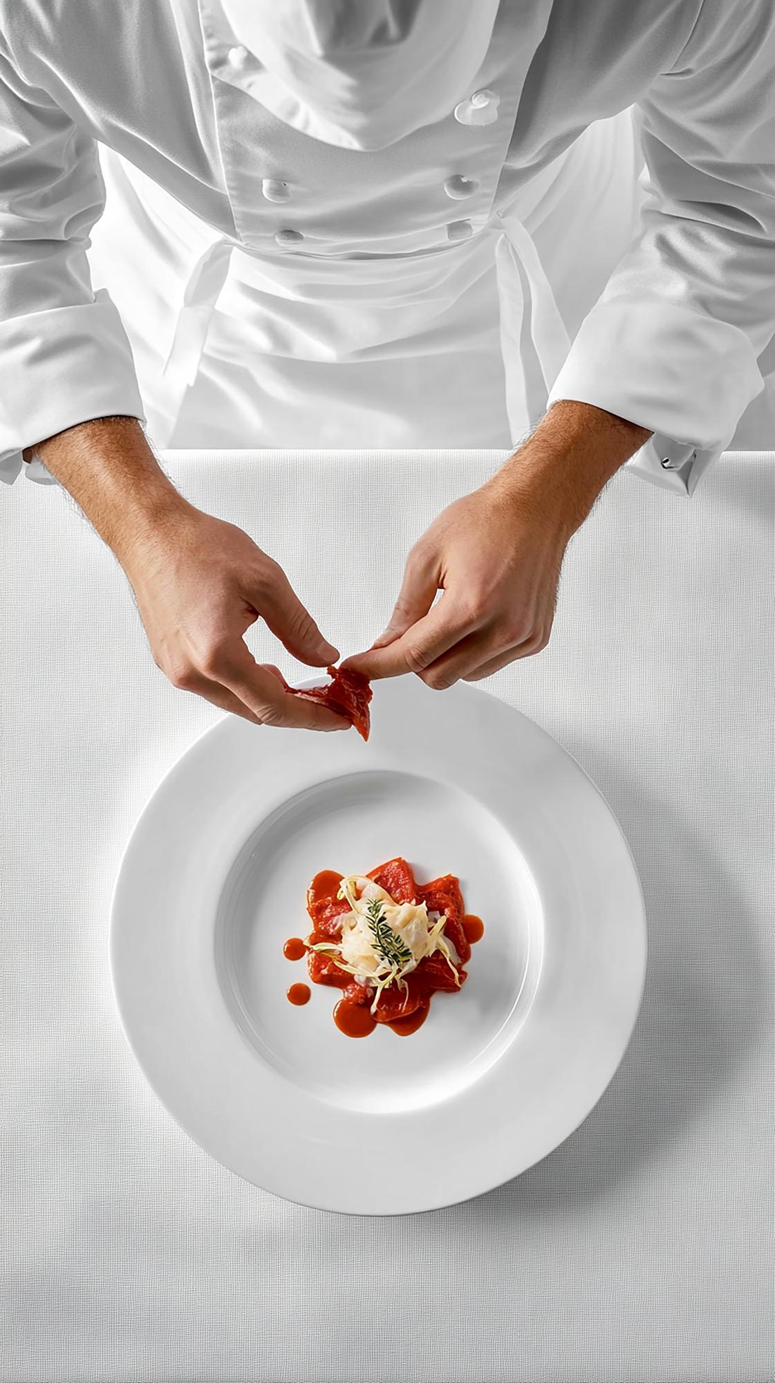 Chef che impiatta un dessert elegante